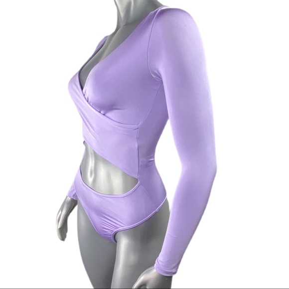 Fashion Nova | Lilac Purple Cut Out Body Suit Long Sleeve Thong back - Picture 7 of 16